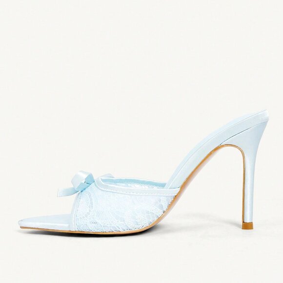 Blue Sexy Women's Satin Mesh Stitching Bow Pointed Stiletto Heels - Picture 2 of 5